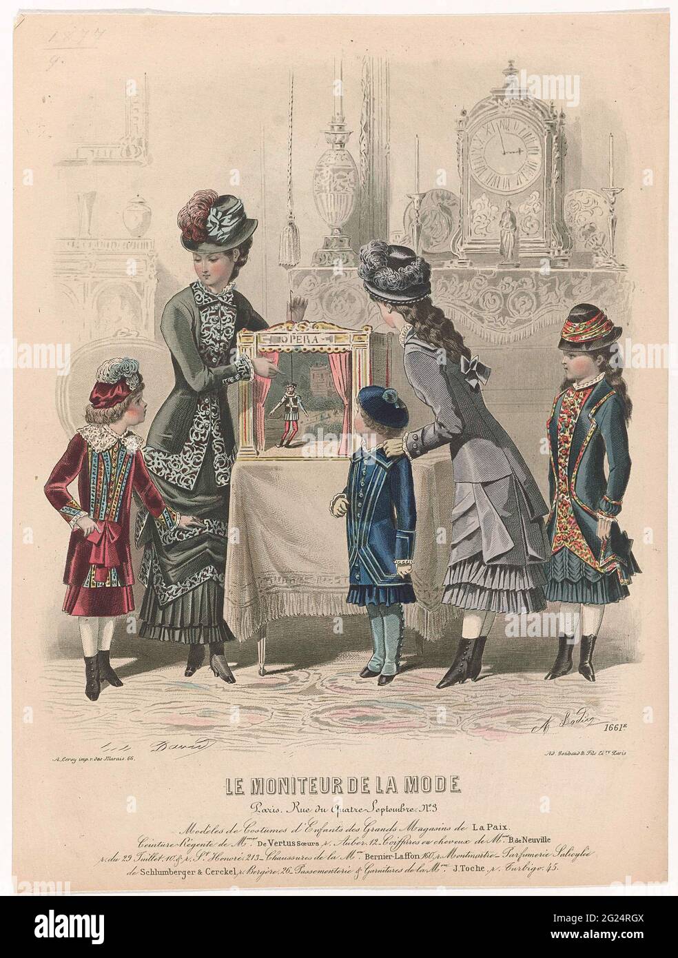 Le Moniteur de la Mode, 1879, no. 1661E: Modèles de Costumes d'Enfants (...). Five children in interior, stand around a puppet show with Marionette. According to the caption, the children's clothing of the La Paix department store is. Below some rules advertising text for different products. Print from the floor magazine Le Moniteur de la Mode (1843-1913). Stock Photo