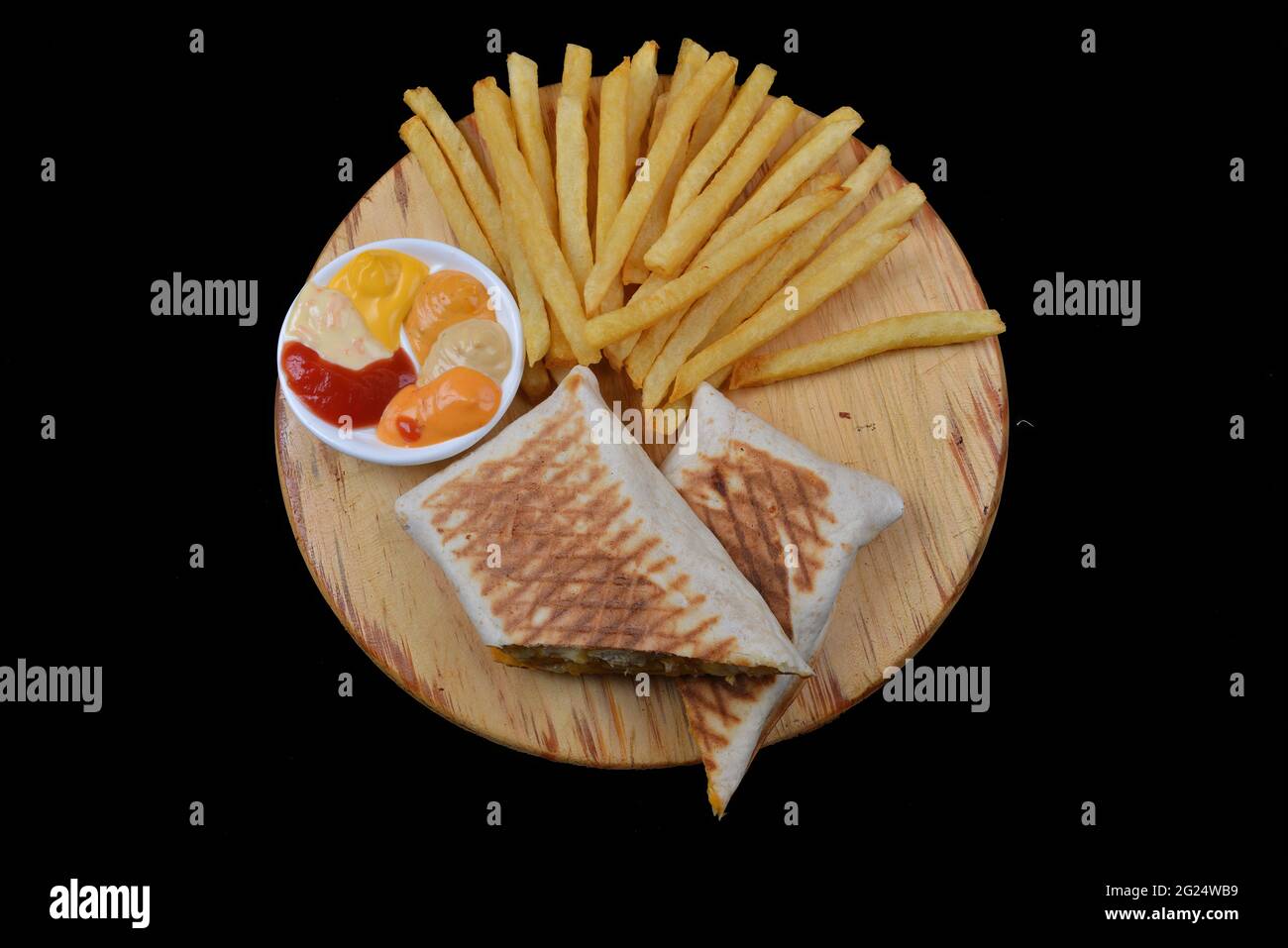 French tacos with chicken. Served with french fries, mayonnaise