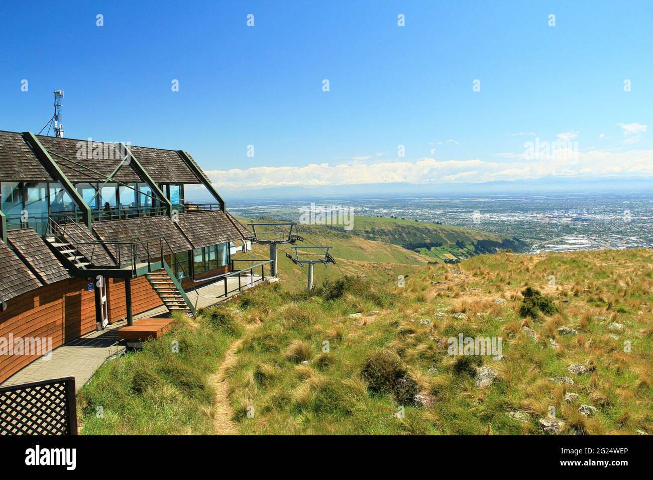 View of Christchurch Gondola The Summit Station where the base is located in Heathcote Valley, and it traverses the slopes of Mount Cavendish in the P Stock Photo