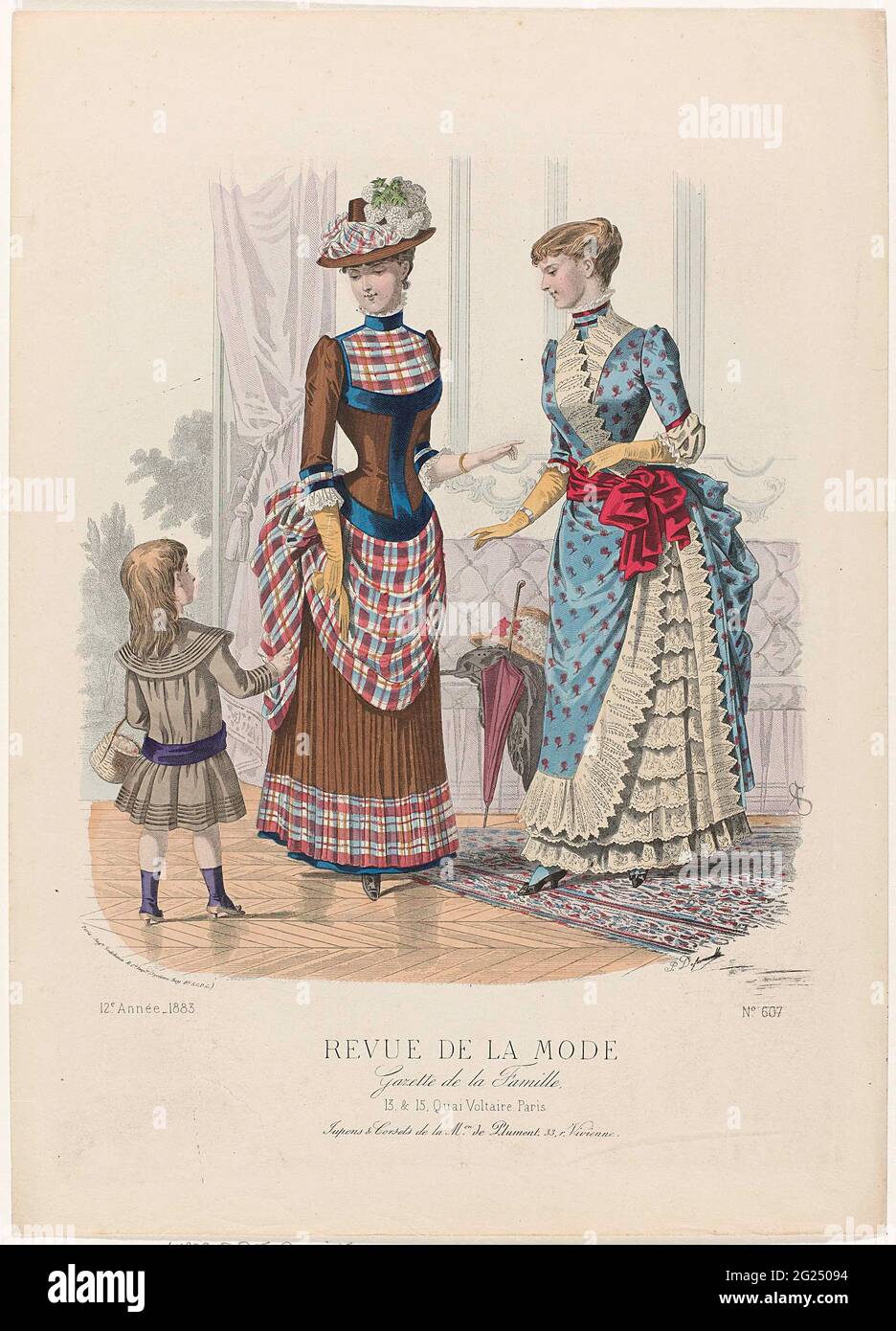 Revue de la fashion Gazette de la Famille Dimanche 19 aout 1883 12th annee no. 607 Jupons Corsets . Two women and a girl in an interior on the sofa are