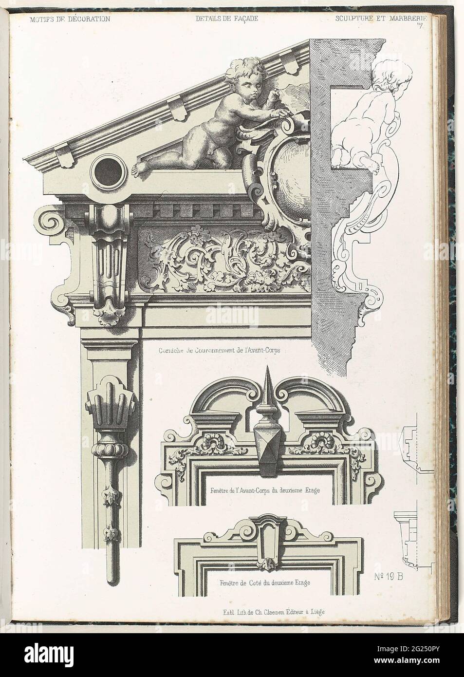 Details of facade; Details the facade. Cornice and two windows, all ...