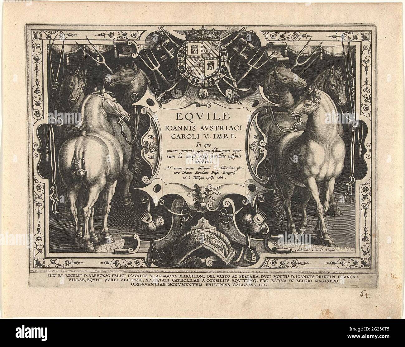 Title print of a series about the Royal Stables of Don Juan from Austria;  Horses; Equile Ioannis Austriaci Caroli; Eqvile Ioannis Avstriaci Caroli.  In an ornamental frame some horses and a cartouche