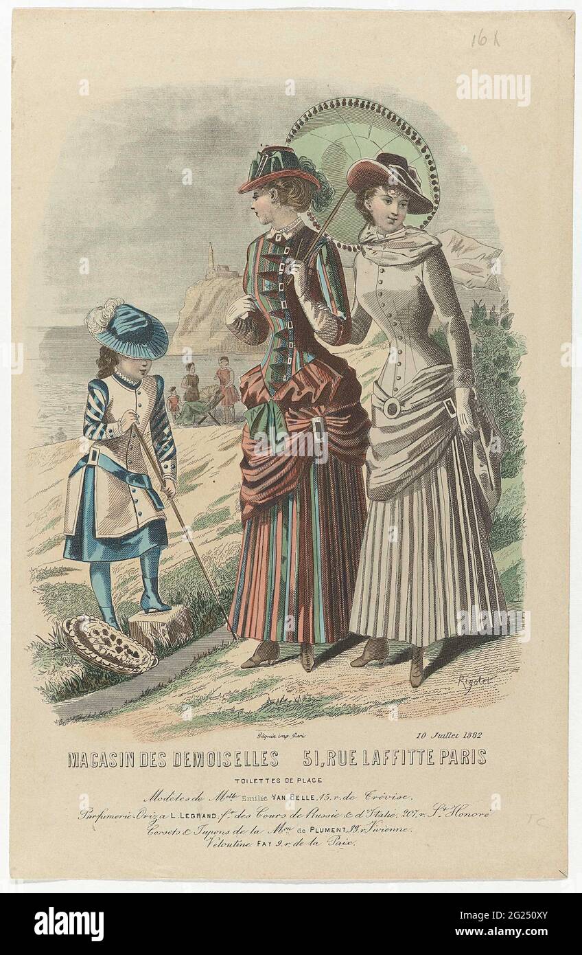 Magasin des Demoiselles, 10 Juillet 1882: Models The Melle Emilie by Bell  (...). Two women and a girl walking outside, dressed in hiking clothes.  According to the caption, the dresses are on