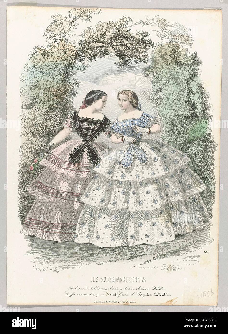 Les Modes Parisiennes, 1856, No. 704: Robes et Bretelles (...). Two women  hiking armed in a park. According to the caption: dresses and 'Bretelles  Napolitaines' from Maison Delisle. Below some rules advertising