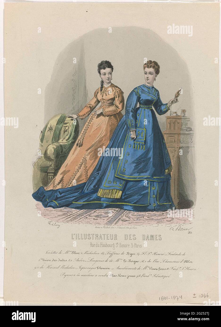 L'Illustrate des Ladies, ca. 1867, No. 215: Toilettes De Mme Elis (...).  Two women in an interior. According to the caption: Ensembles from Elise.  'Coiffures' (hairstyles) by BIGOS. Below some rules advertising