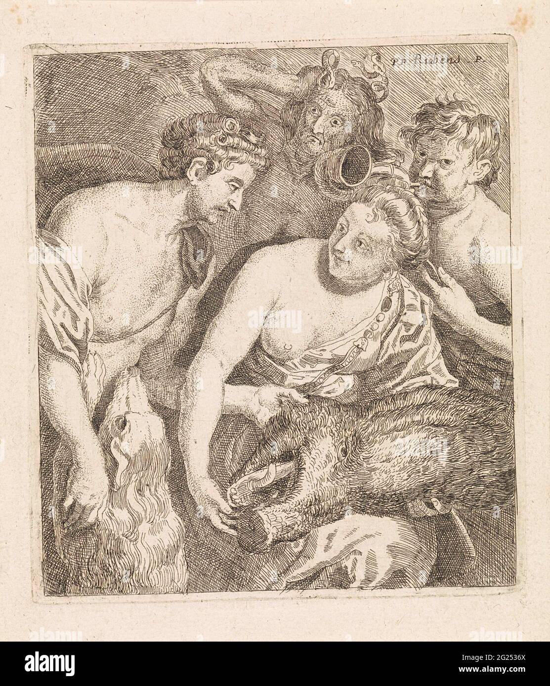 Meleager gives the head of the Caledonian boar to Atalanta. Meleager offers Atalanta the head of the wild boar. A hunting dog jumps up against meleurer, in the background a boy blows the hunting horn. In the background is one of the Furiën, as a harbinger of the tragic end of Meleager. Stock Photo