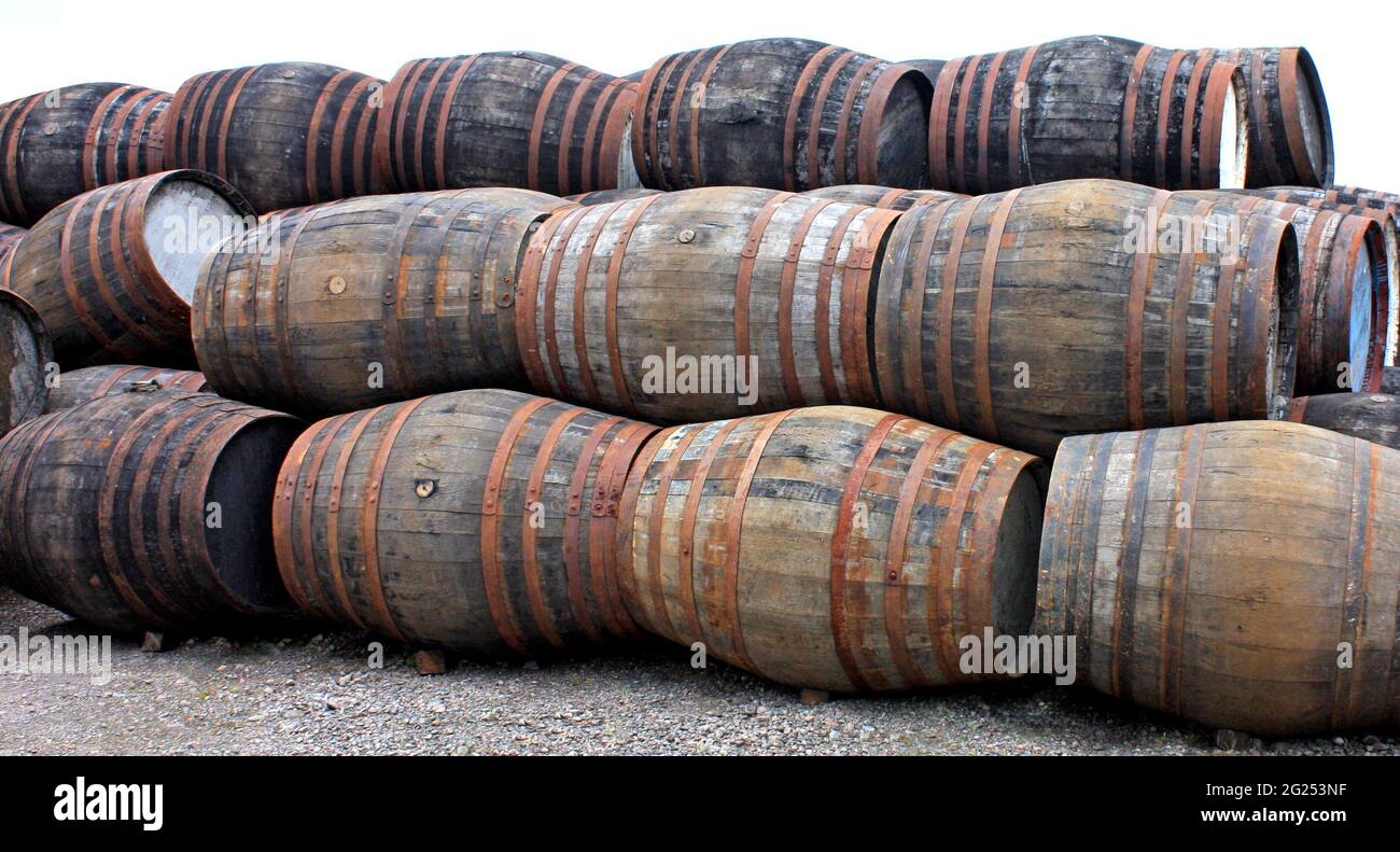 A Stack of Empty Wooden Oak Whisky Barrels Stock Photo Alamy