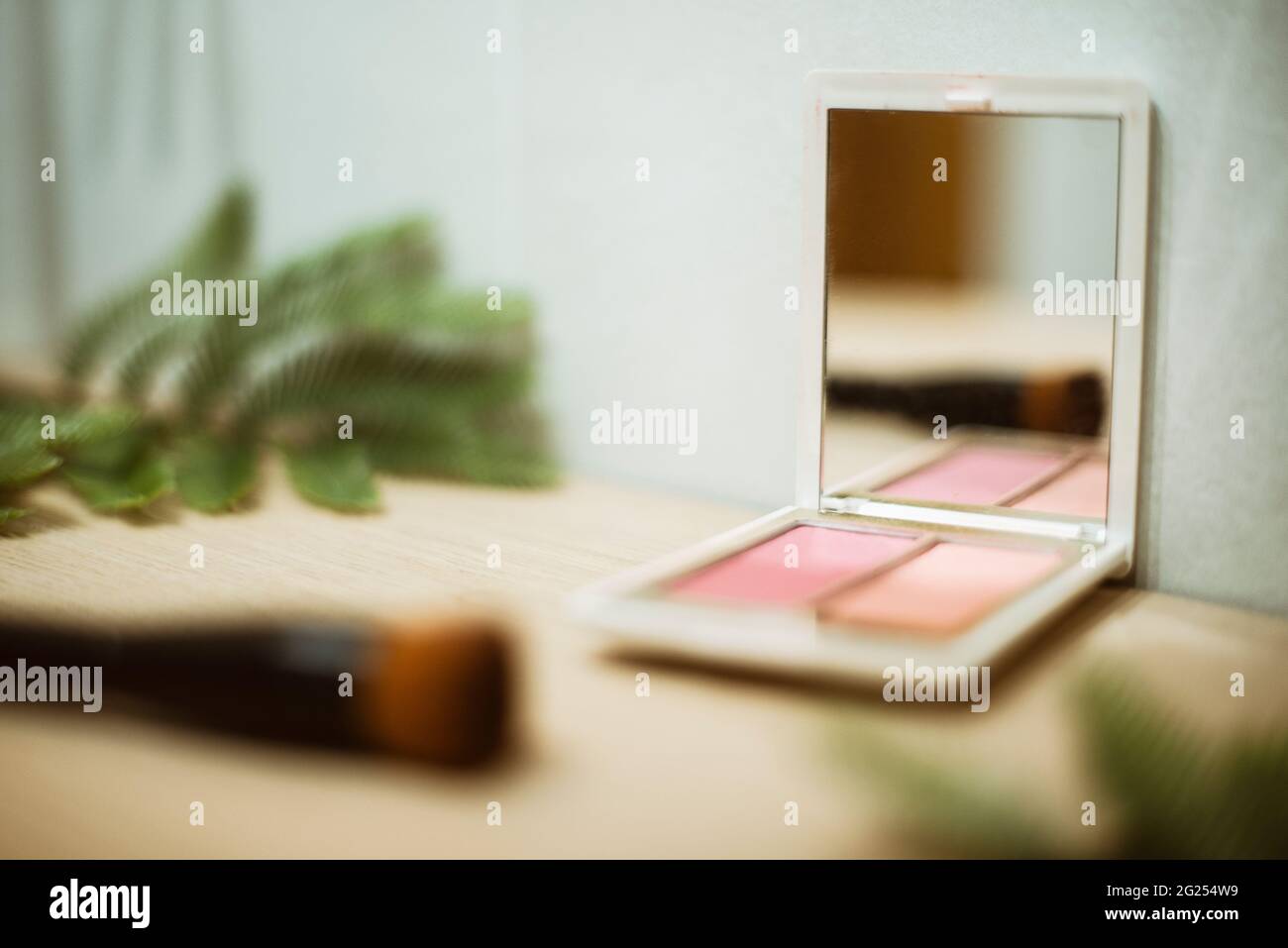 Close-Up of a cosmetics palette and make-up brush on a table Stock Photo