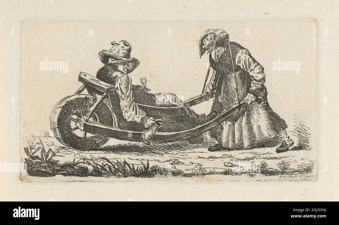 Drunk in a wheelbarrow. A man with can and glass in the hands is pushed