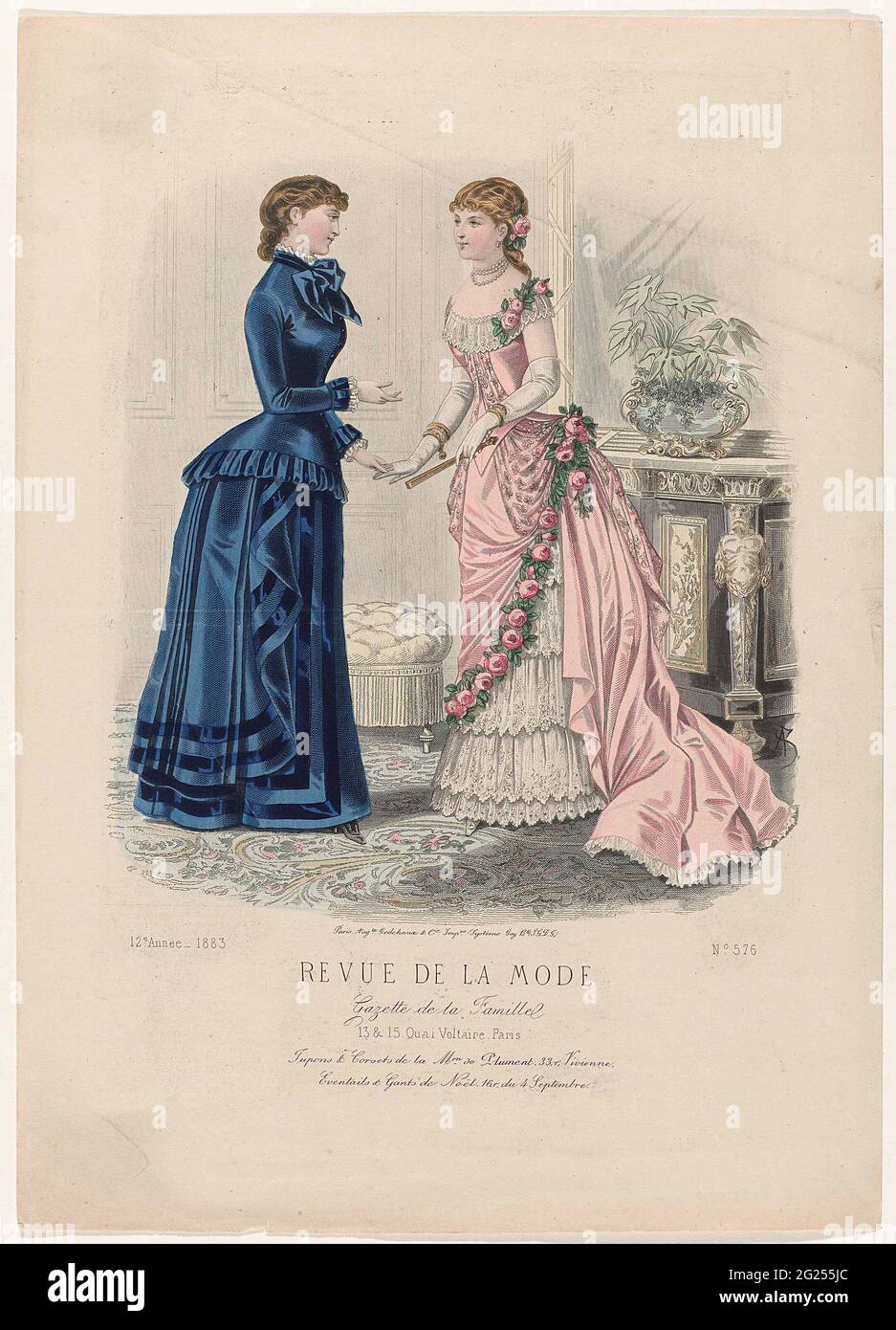 Revue de la fashion, Gazette de la Famille, Dimanche 14 Janvier 1883, 12th  annee, no. 576: Jupons & Corsets (...). Two women in an interior. Left: ' Robe d'Intérieur' of blue wool, decorated