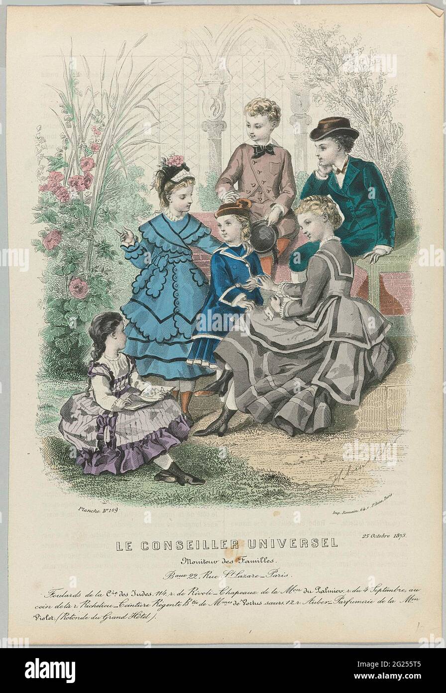 Le Conseiller Universel, 25 Octobre 1873, no. 109: Foulards de la Cie.des  Indes (...). A young lady and six children outside, dressed in clothing  made in fabrics from Compagnie des Indes with