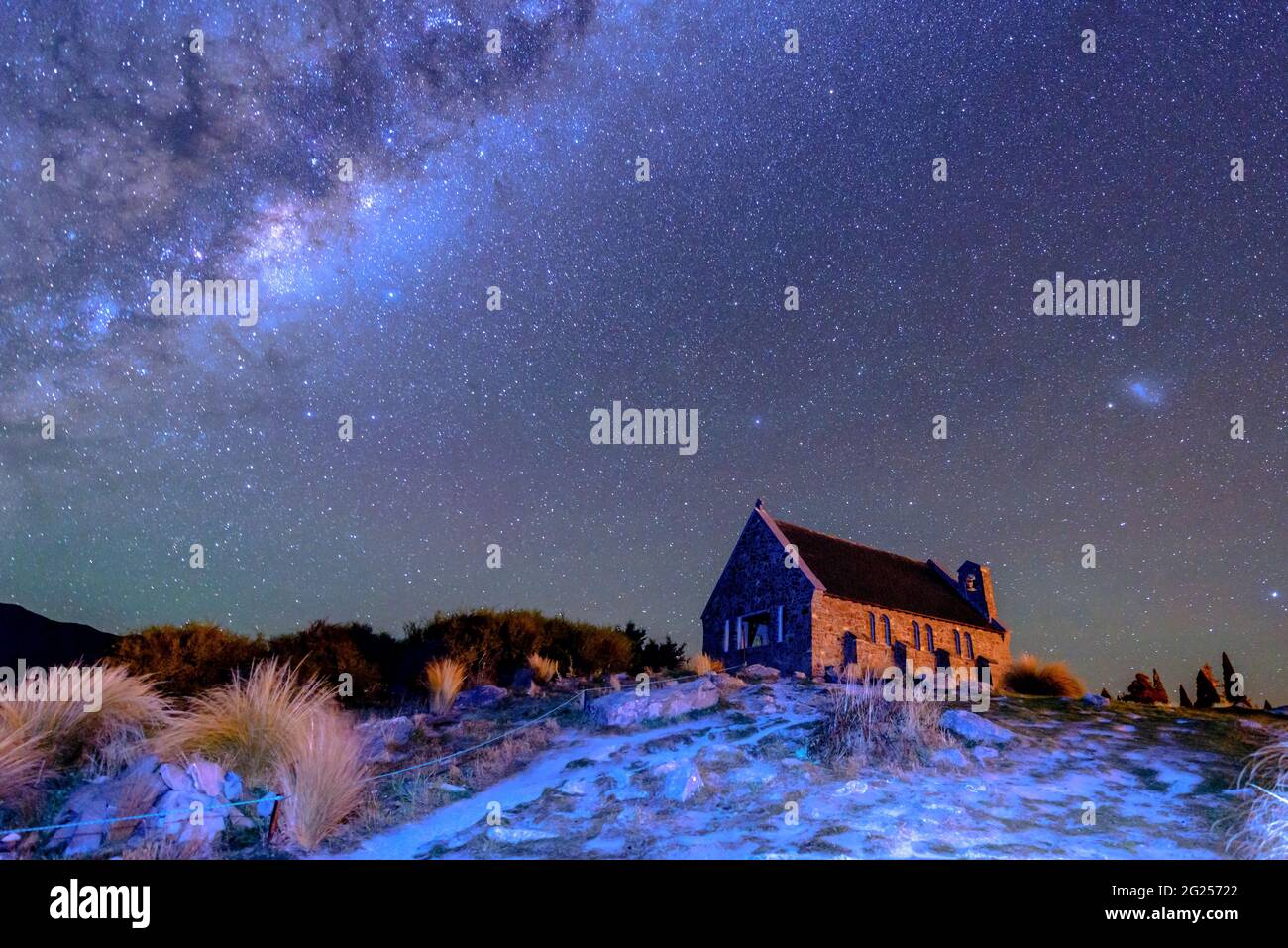 Milky Way over Church of the Good Shepherd on the shores of Lake Tekapo, South Island, New Zealand Stock Photo