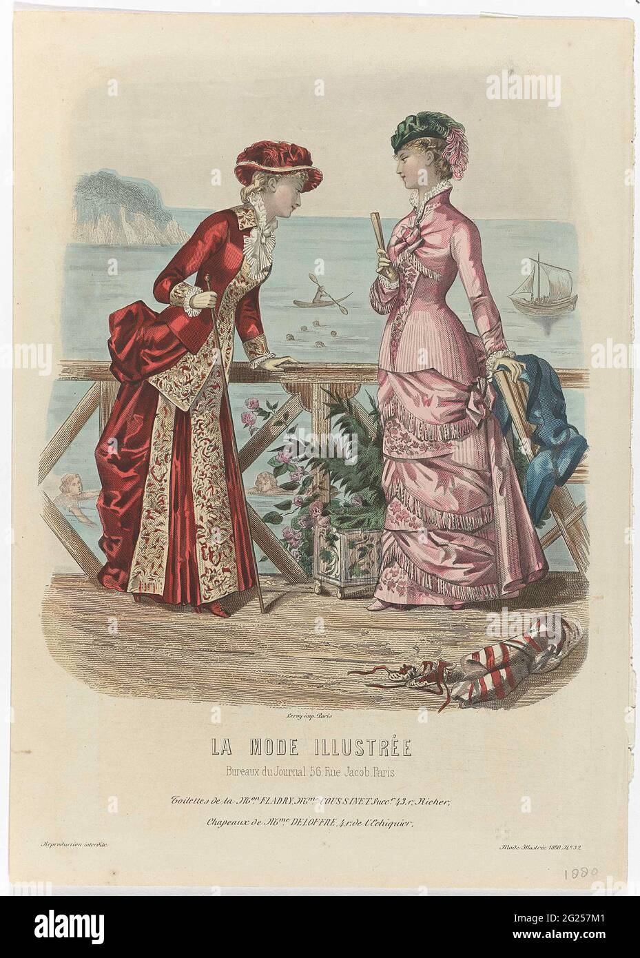 La Saison, Journal illustré des Dames, 1880, No. 626 Object Type : fashion  picture Item number: RP-P-OB-103.552 Inscriptions / Brands: title, bottom  center, wrote: 'LA SAISON? Description: Two women in a theater