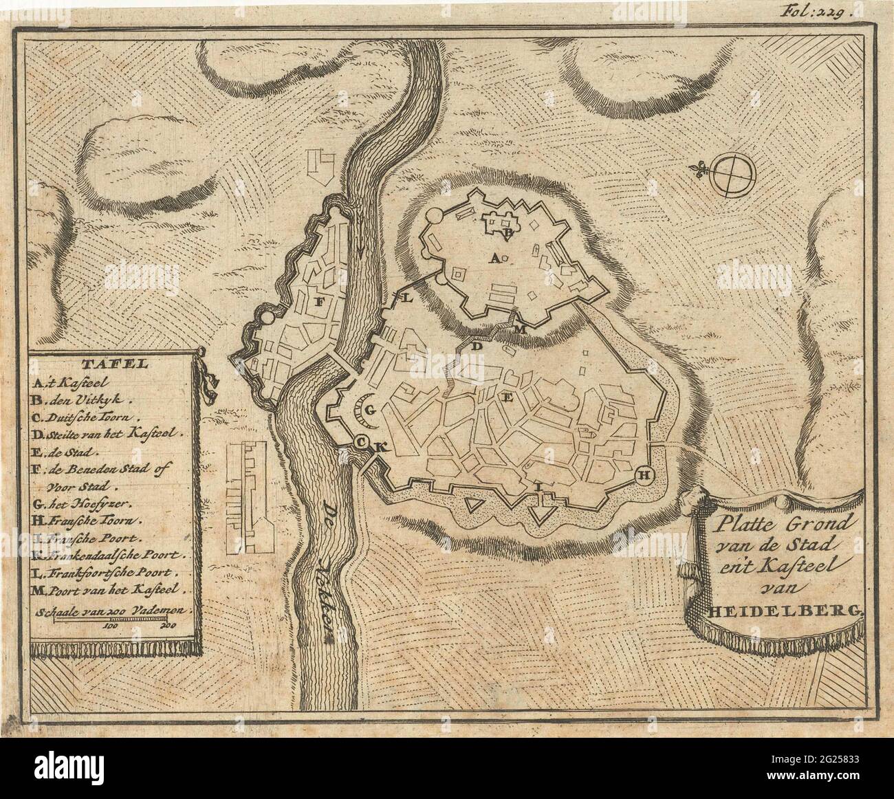 Map of Heidelberg; Flat land of the city and the castle of Heidelberg. Print at the top right