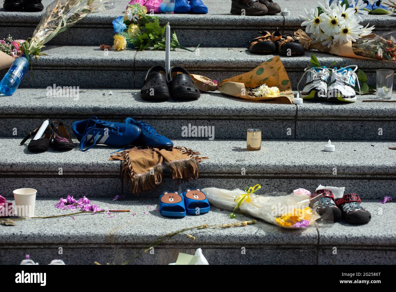 A memorial at Vancouver Art Gallery, honouring the 215 children whose remains were discovered on the grounds of former Kamloops residential school, BC Stock Photo