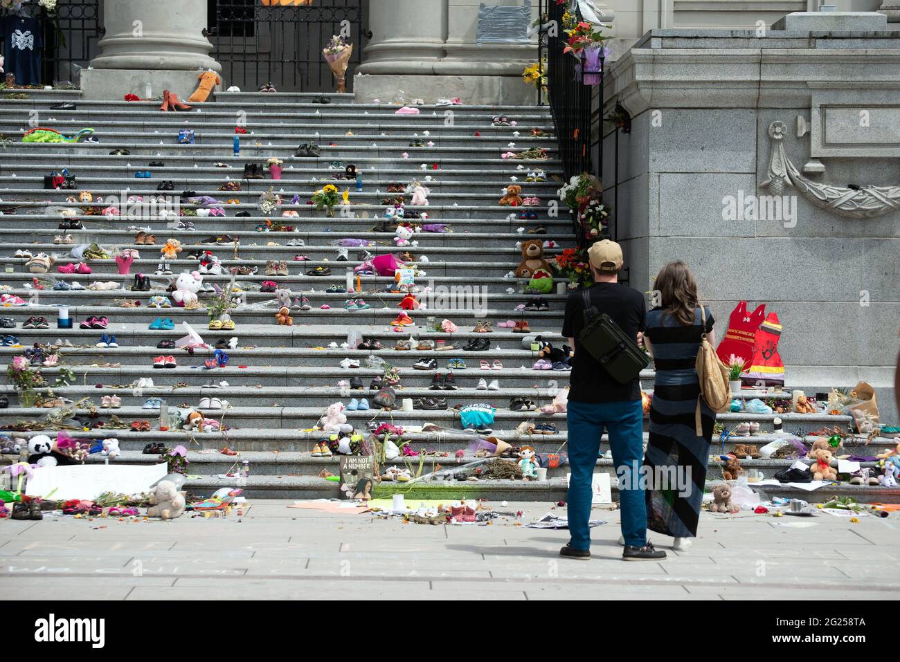 A memorial at Vancouver Art Gallery, honouring the 215 children whose remains were discovered on the grounds of former Kamloops residential school, BC Stock Photo
