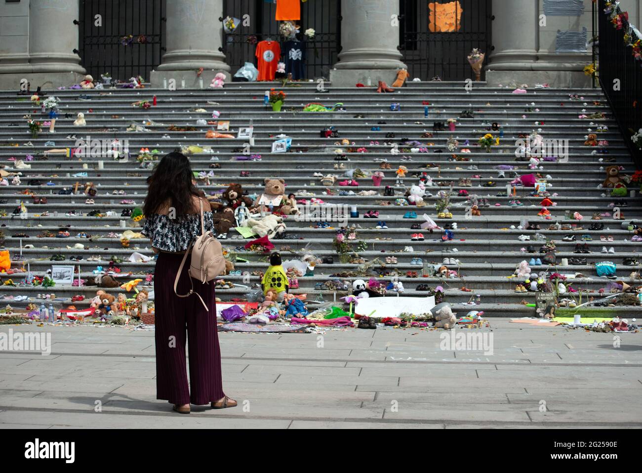 A memorial at Vancouver Art Gallery, honouring the 215 children whose remains were discovered on the grounds of former Kamloops residential school, BC Stock Photo