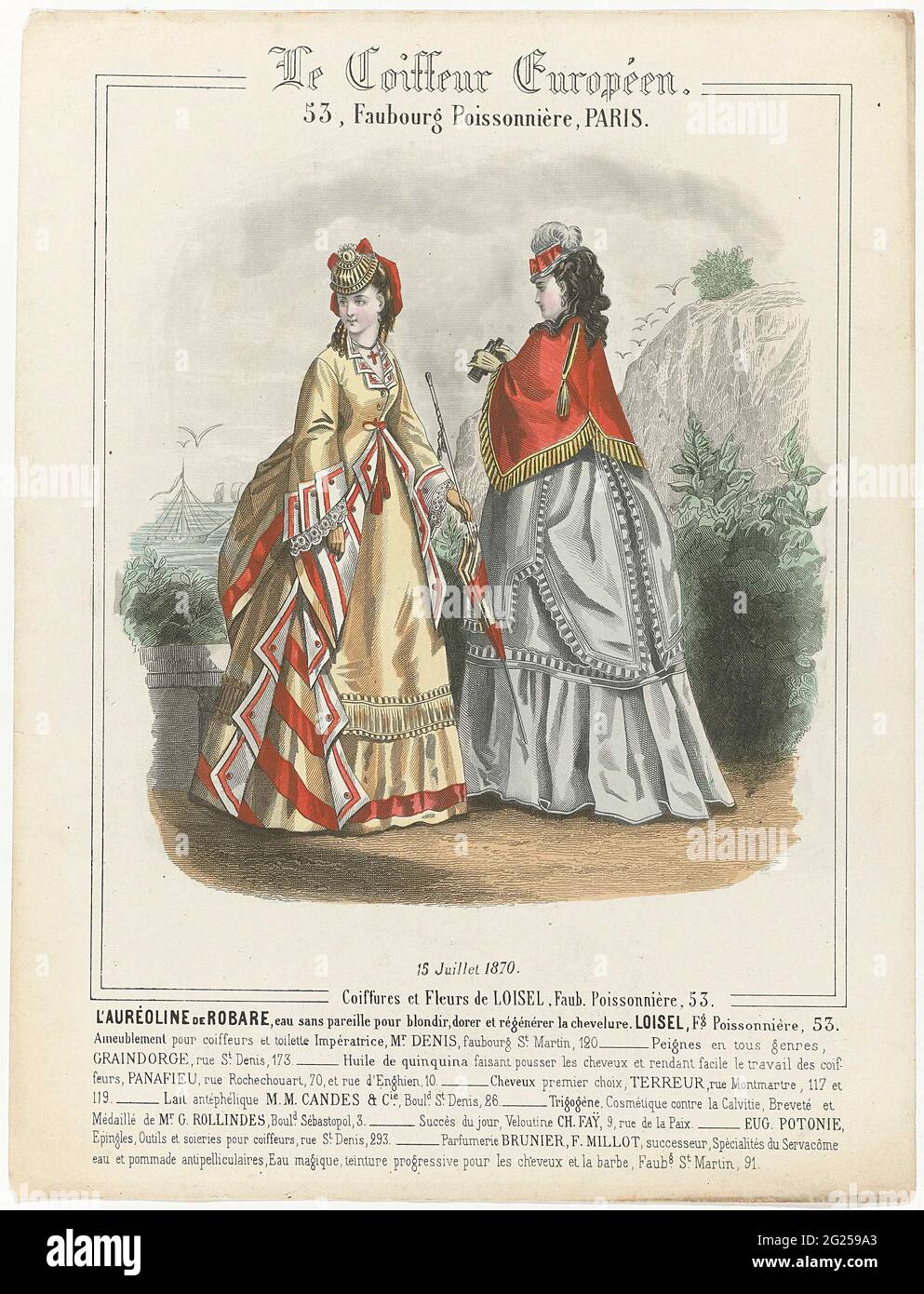 Le Coiffeur Européan, 15 Juillet 1870: L'Auréoline de Robar (...). Two  women, one of whom seen on the back by the sea. According to the caption,  the hairstyles and flowers of Liosel