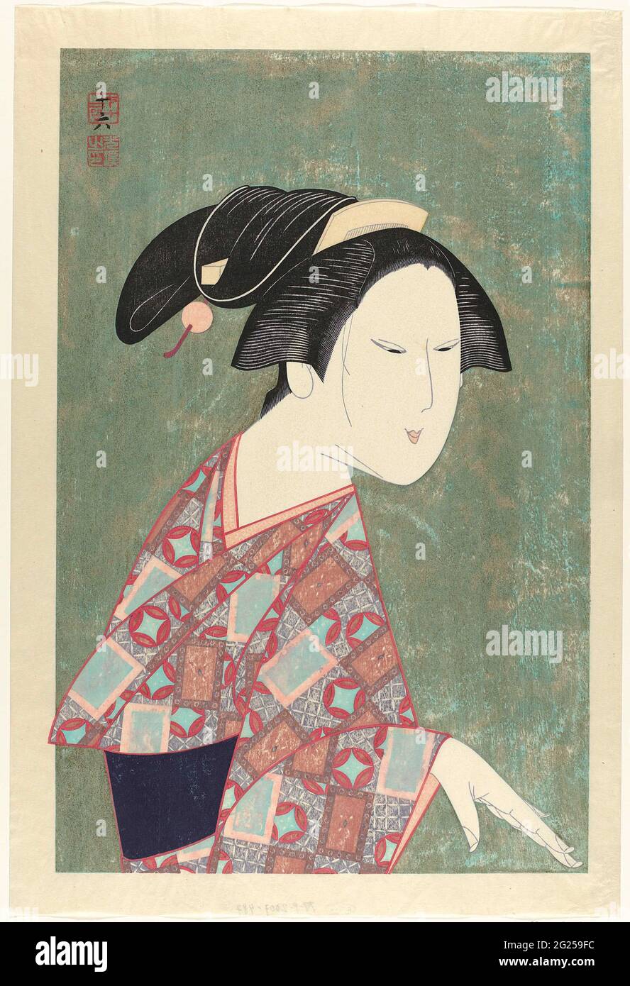 Shimadatsu bushi hairstyle in Toshima play. Woman with raised hairstyle in Genroku katsuyama style, halves. Throw to the right, against green-brown background. Stock Photo