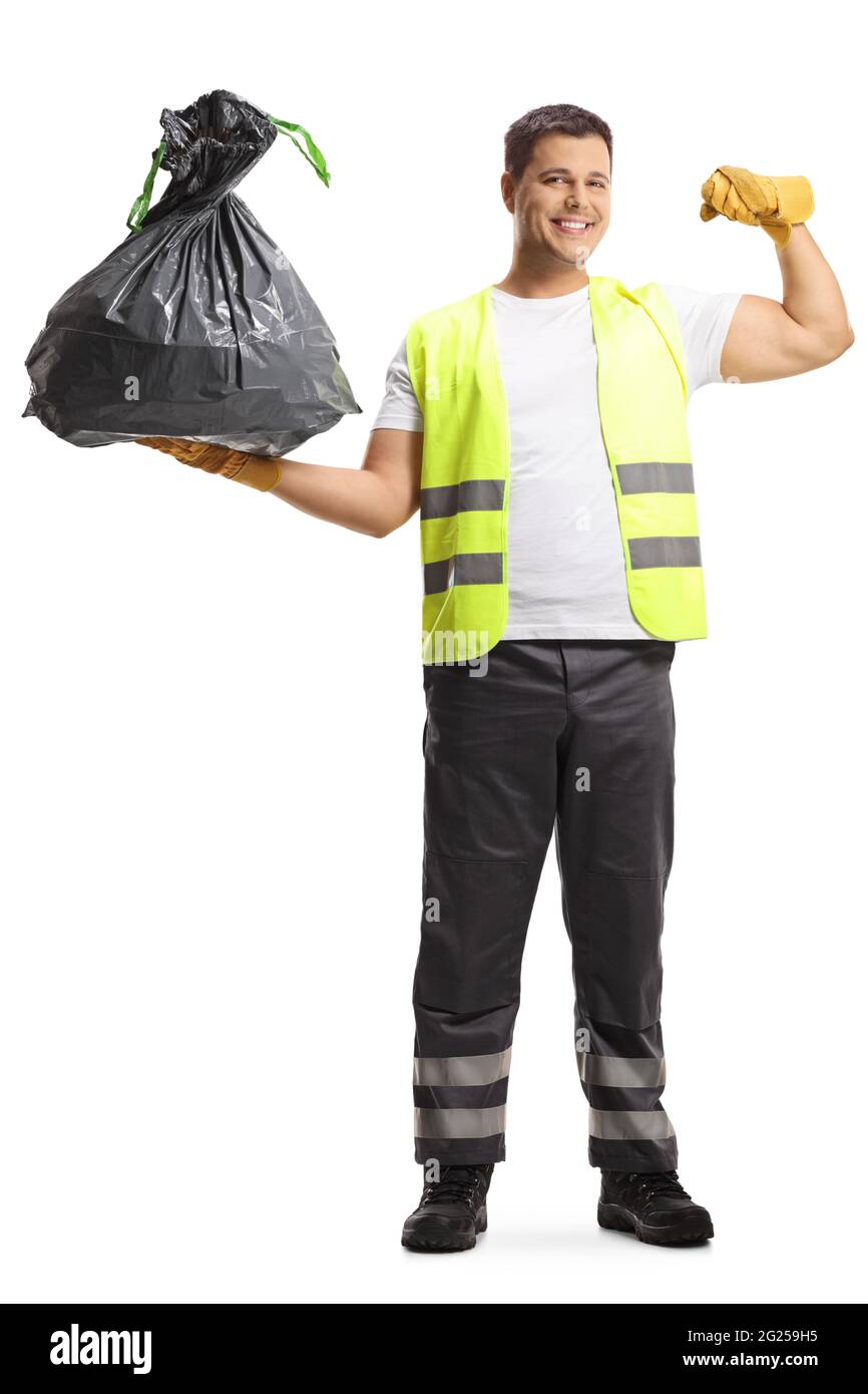 Full length portrait of a waste collector in a uniform and gloves holding a  bin bag and showing muscles isolated on white background Stock Photo - Alamy