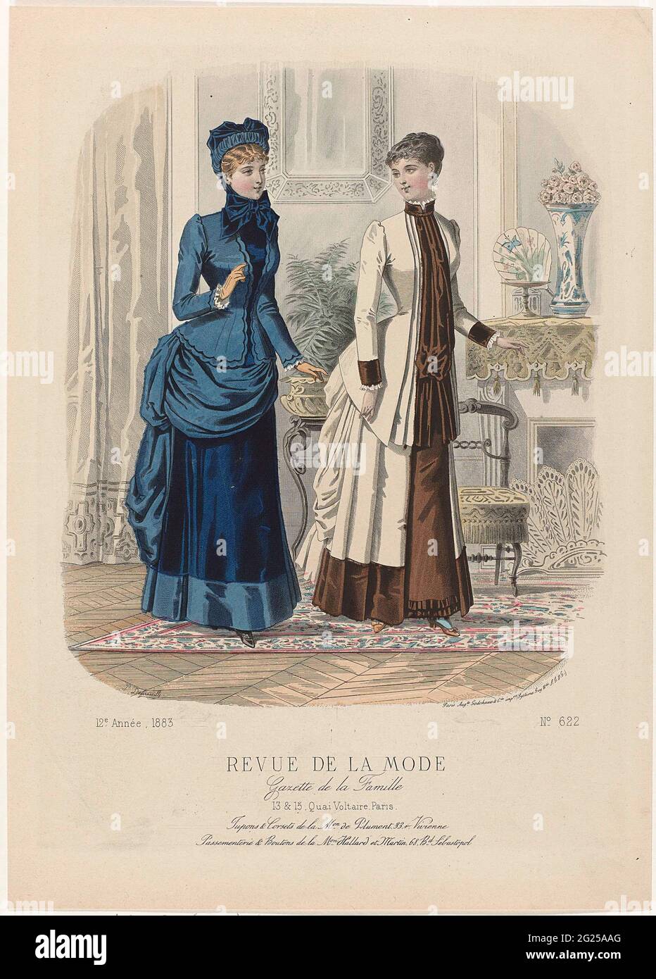 Revue de la fashion, Gazette de la Famille, Dimanche 2 Décembre 1883, 12th  annee, no. 622: Jupons & Corsets (...). Two women in an interior, standing  by a fireplace. Left: Visite juke