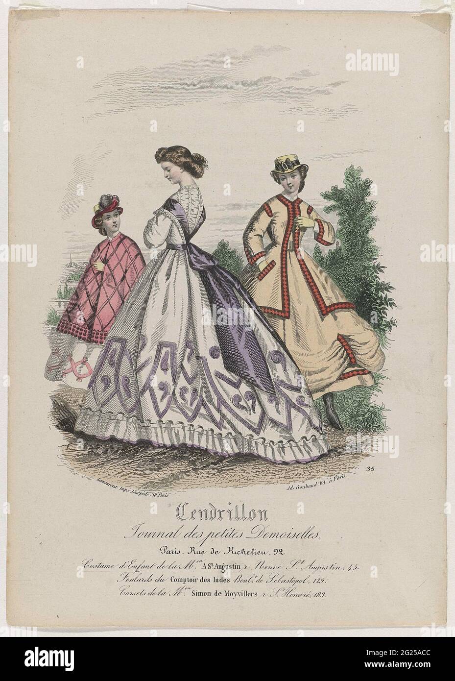 Cendrillon, 1866, no. 35: Journal des petites demoiselles .... two women  and a girl in the outdoors. The girl wears clothes from Maison St.  Augustin. Under the show single regulation advertising text