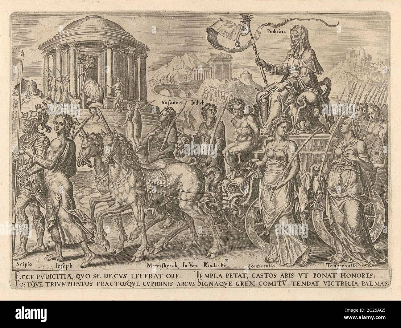 Triumph of the chastity; Triumphs of Petrarca. The car of chastity (pudicitia), a veiled woman, is drawn by unicorns, legendary clean animals. Cupid is blindfolded and tied to her feet. In the procession, Kuise figures from the history, the Bible and classical mythology, for example the Roman general scipio, Joseph, Suzanna and the honorable Judit, with the Head of Holofernes in her hand. The virtues of self-control (continents) and moderation (temperantia) are also present in the procession. The car drives towards the temple of chastity. The print has a Latin caption and is part of the series Stock Photo