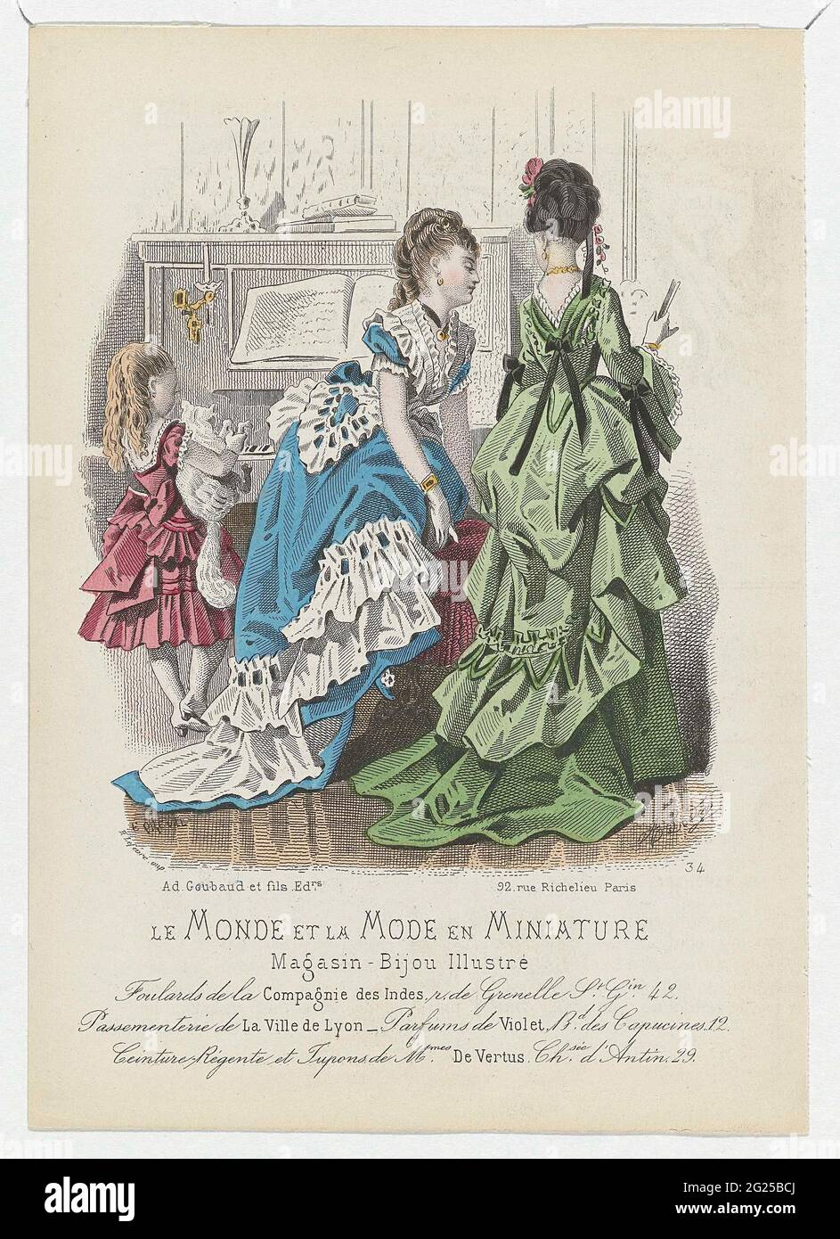 Le Monde Et La Fashion And Miniature 1873 No 34 Foulards De La Compagni Two Women And A Child In Interior Dressed In Dresses With Tournure Made From Fabrics From Compagnie