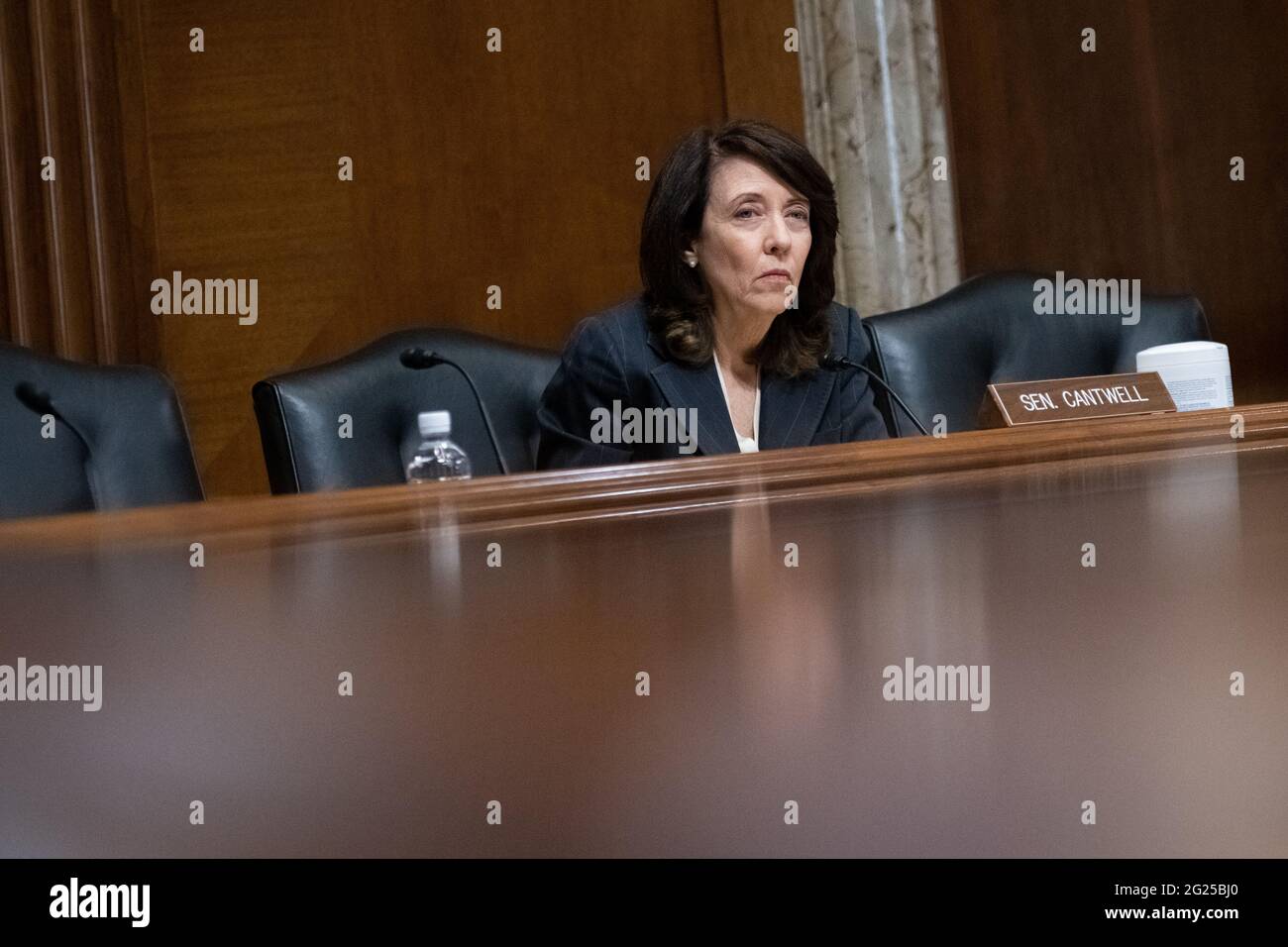 Washington, USA. 08th June, 2021. Senator Maria Cantwell (D-WA) during a Senate Energy and Natural Resources Committee Confirmation hearing, at the U.S. Capitol, in Washington, DC, on Tuesday, June 8, 2021. Last week, Manchin again reiterated his opposition to repealing the filibuster and announced his opposition to a Democrat pushed voting rights bill as a bipartisan vote on China policy today. (Graeme Sloan/Sipa USA) Credit: Sipa USA/Alamy Live News Stock Photo