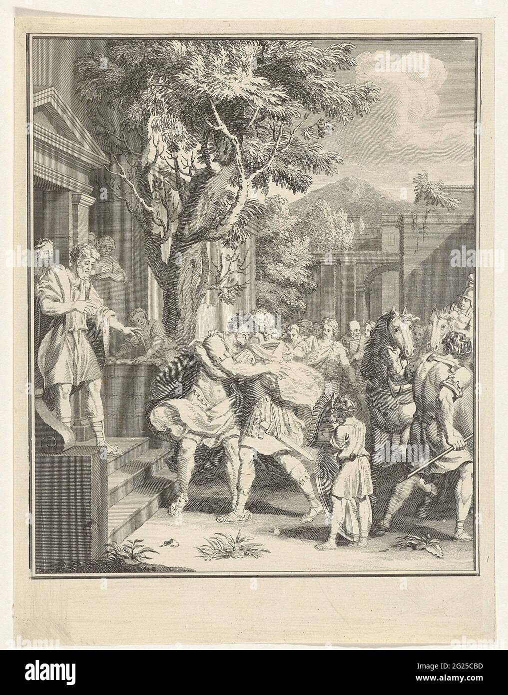 Telemachus and Nestor in embrace; Adventures of Telemachus. Surrounded by bystanders, Telemachus and Nestor embrace each other. On the left state Telemachus' Horse and in the foreground its arms equipment is held by a boy. Illustration manufactured by a story from 'Adventures of Telemachus', written by François de Fénélon. Stock Photo