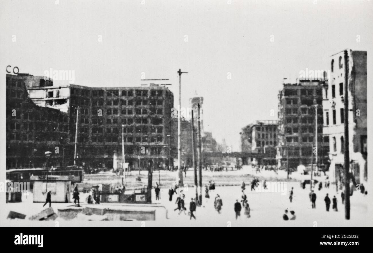Old photo of ruined Berlin Alexanderplatz after WW2 1940s Stock Photo