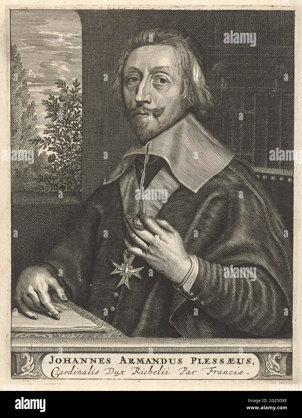 Portrait of Armand-Jean du Plessis, Duke of Richelieu. Halven portrait to  the left of Armand-Jean du Plessis, Duke of Richelieu at a table for a  bookcase. Around his neck a Huguene cross.