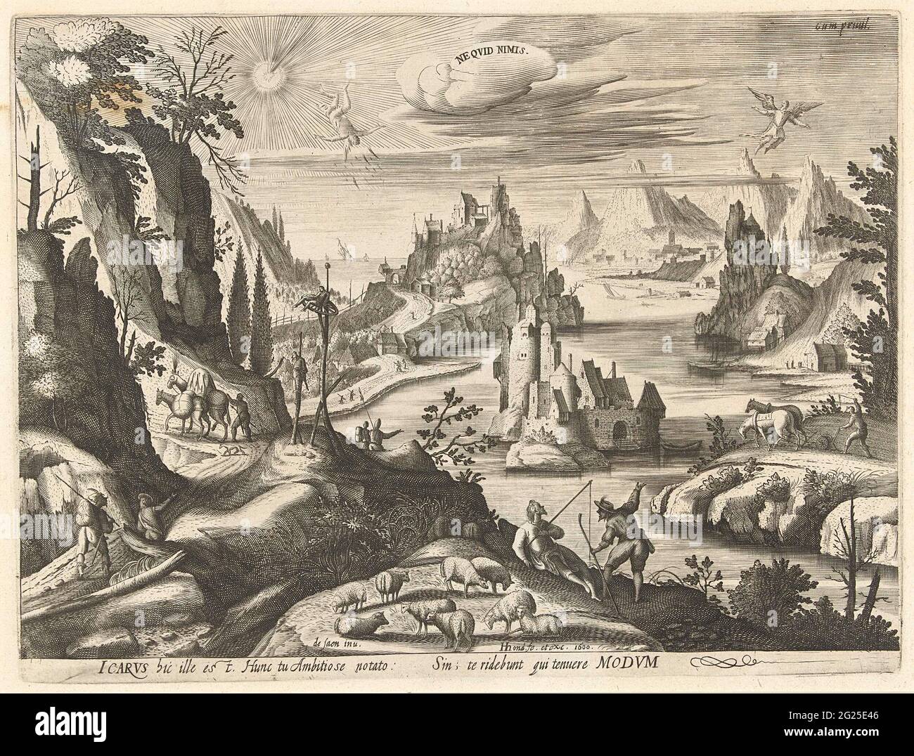 Landscape with the fall of Icarus; Ne Quid Nimis. Mountain landscape with a river, above which Icarus tumbles out of the sky, after he has flown too close to the sun, which has melted the wash between its wings. Right in the air his father Daedalus. In the foreground, landloden are engaged in their daily activities and look surprised. All the way in the background a sea with a few ships. Under the show a text in Latin. Stock Photo
