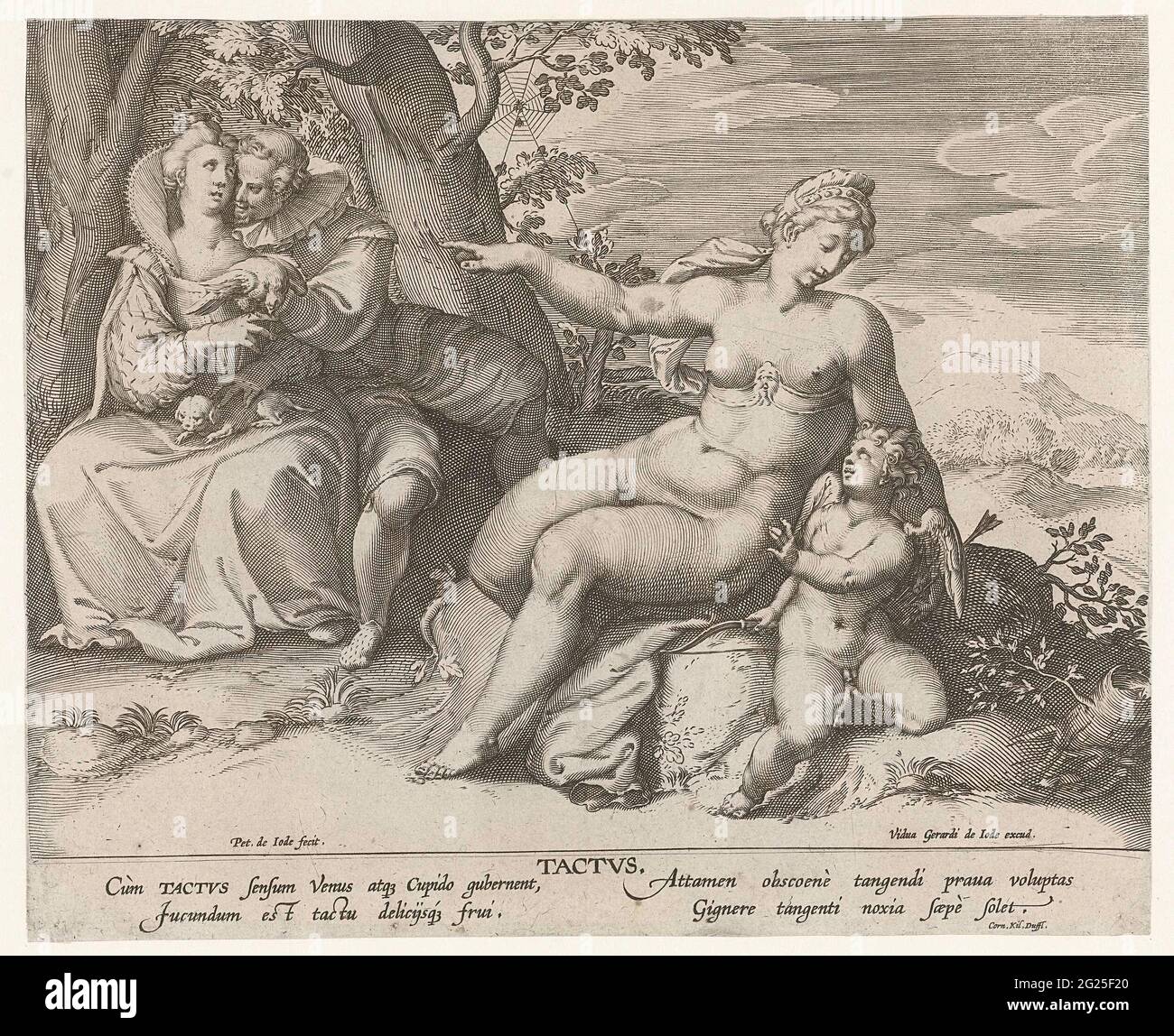 Sideline; Tactvs; The five senses. Landscape with feminine sense spirit personification, with a pigeon on her hand. A man embraces her and the dog sitting on her lap. In the foreground Venus and Amor. In the margin, in two columns, a caption in Latin. Print from a series of five with the five senses. Stock Photo