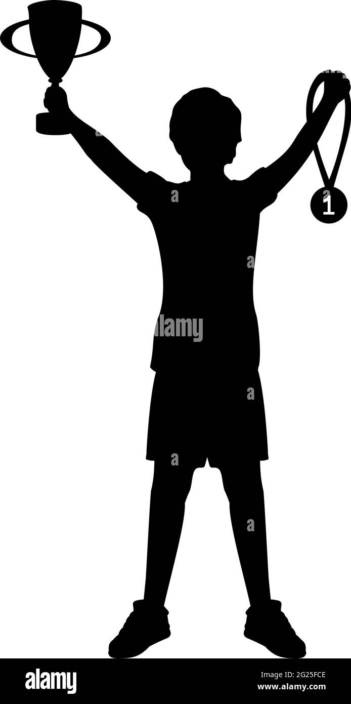 Silhouette boy winner of competition with cup and medal around his neck. Victory celebration. Illustration graphics icon Stock Vector