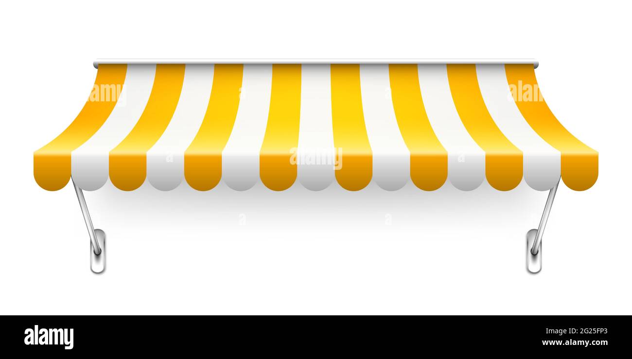Shop sunshade with metal mount. Realistic yellow striped cafe awning ...