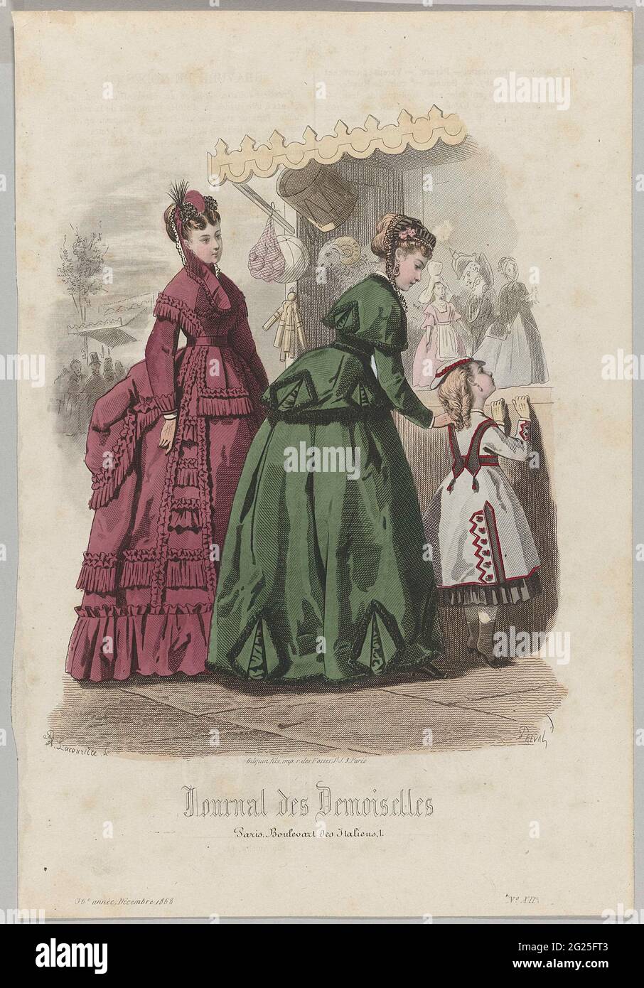 Journal des Demoiselles, Décembre 1868, 36th Année, No. 12. Two women and a girl are looking at a puppet room. The women are dressed in dresses with queue. The girl wears a dress to over the knee with boots up to the ankle. Print from the Mode magazine Journal des Demoiselles (1833 -1922). Stock Photo