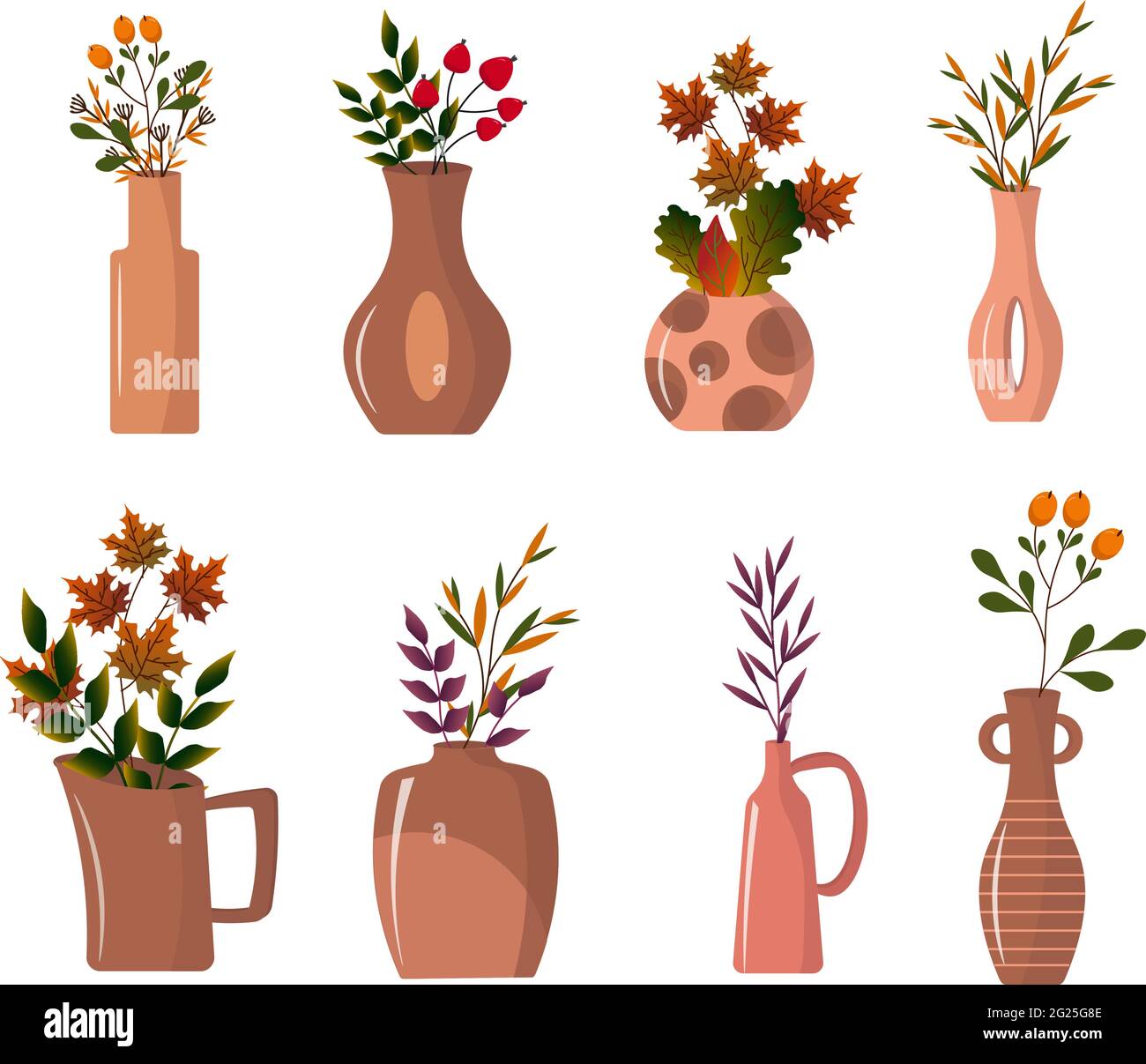 Set of vases with autumn leaves. Clay decorative vases for the interior