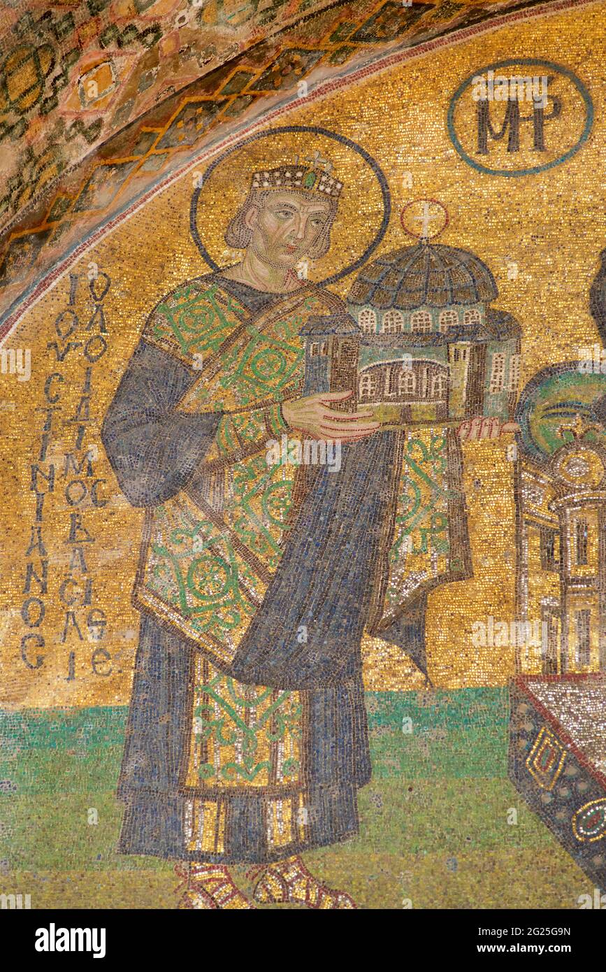 Detail of the southwestern entrance mosaic, Hagia Sophia (Turkish: Ayasofya), Istanbul, Turkey.  Emperor Justinian I, offering a model of the Hagia Sophia. Stock Photo