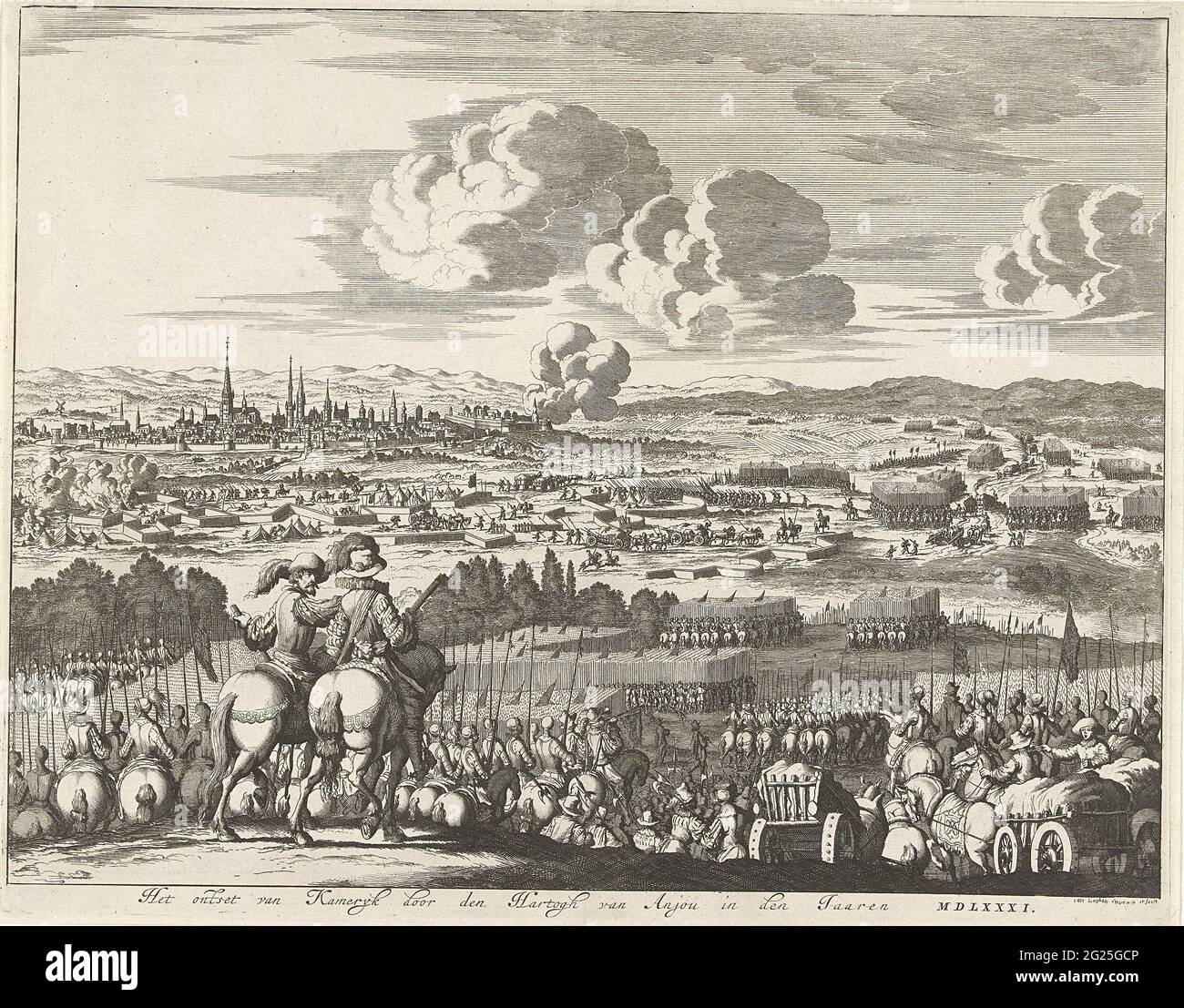 De Dreden van Kamerijk by the Duke of Anjou, 1581; The release of Komery by Den Hartogh from Anjou in the year's mdlxxxi. Kamerijk Besiemed by the Duke of Parma but relieved by the Duke of Anjou, August 16, 1581. View of the city from the position of the Army of Anjou, in the foreground on the left two places on horseback. The troops of Parma leave their statements around the city. Stock Photo