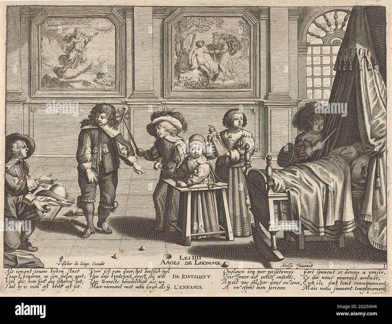 The childhood; De Kintsheyt / l'Enfance; The ages of man; Les IIII Aages de  l'Homme. Interior with young children with toys in hand. One of them with  walking rack. On the right