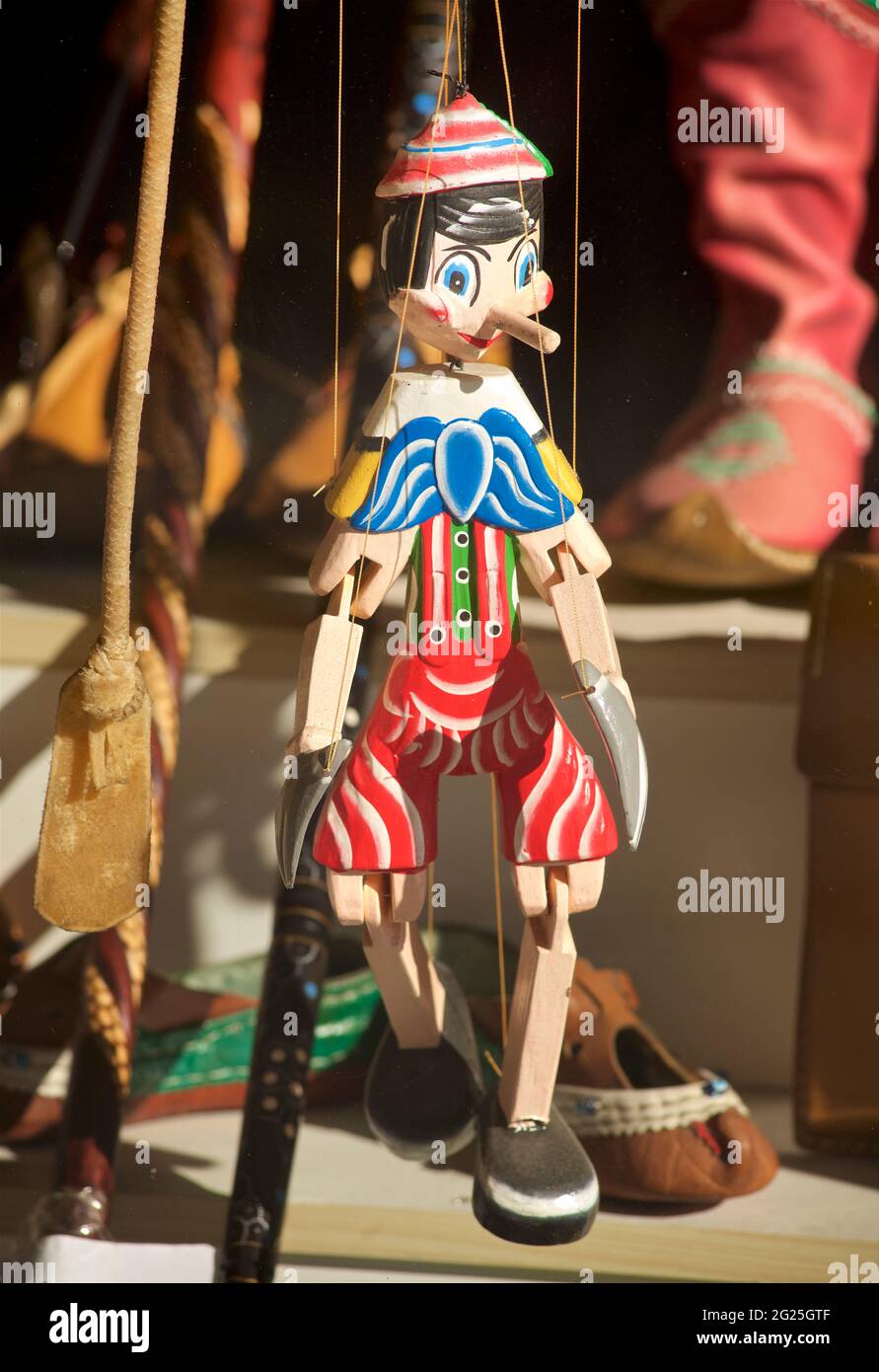 Wooden marionette of Pinocchio displayed for sale in Istanbul, Turkey Stock Photo