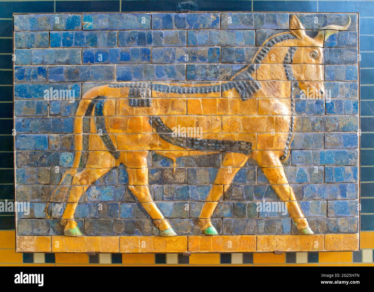 Glazed frieze. Babylon. c575 BCE. Decoration of auroch. Ishtar Gate. Archaeological Museum. Museum of Ancient Orient. Istanbul. Turkey. Stock Photo