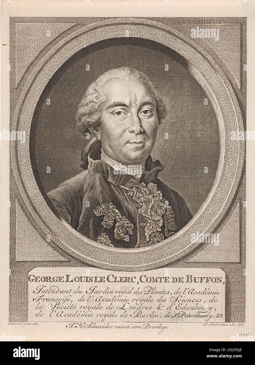 Portrait of Georges Louis Leclerc Count the Buffon; George Louis Le Clerc, Comte de Buffon. Bust to the right of Georges Louis Leclerc Count the buffon in an oval. His name and data in five rules in French. Stock Photo