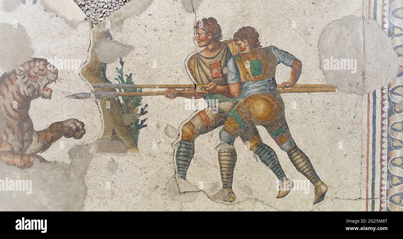 Detail of floor mosaic, Great Palace of Constantinople. Gladiators  in battle with a tiger. Great Palace Mosaics Museum. Istanbul, Turkey. Stock Photo