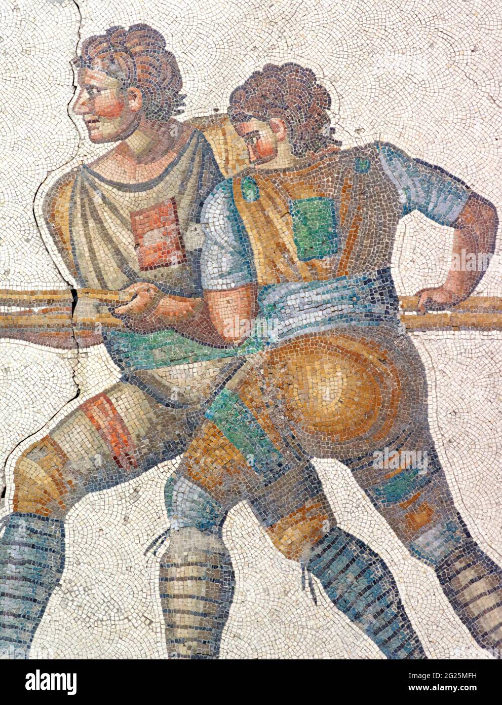 Detail of floor mosaic, Great Palace of Constantinople. Gladiators  in battle with a tiger. Great Palace Mosaics Museum. Istanbul, Turkey. Stock Photo