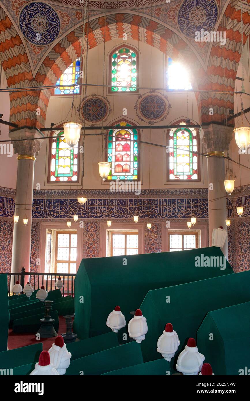 Tomb of Sultan Murad III in the cemetery of Hagia Sophia, Istanbul, Turkey. The tomb includes the Sultan as well as his wife, Safiya Sultana, and his sons and daughters. Stock Photo