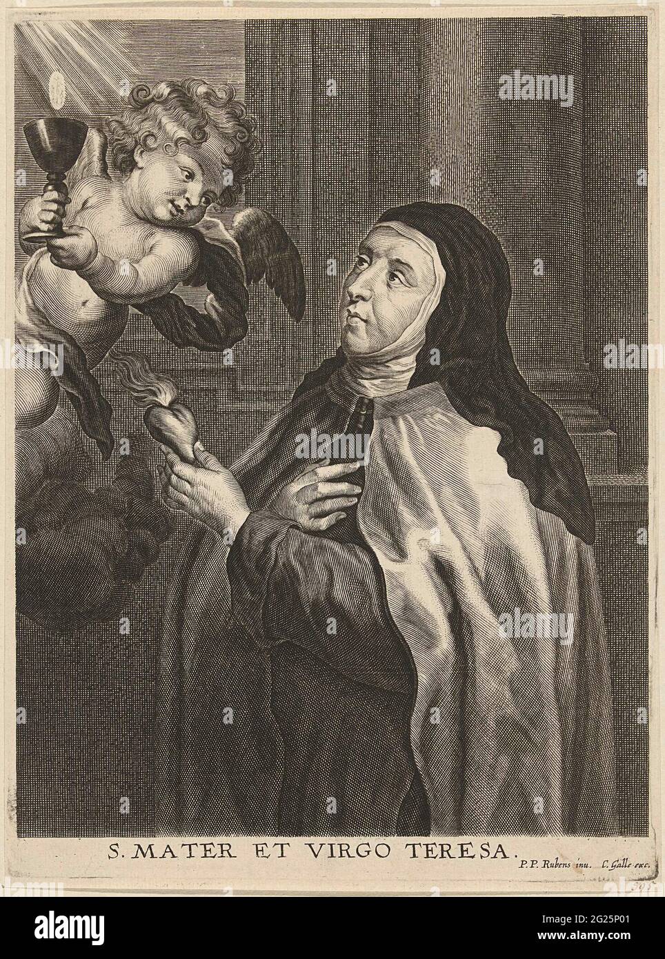 Saint Theresia The Holy Theresia In The Habties Of The Carmel Tees An Angel Brings Her A Chalice With Host Theresia Is Holding A Burning Heart In Her Hand Stock Photo Saint Theresia The Holy Theresia In The Habties Of The Carmel Tees An Angel Brings Her A Chalice With Host Theresia Is Holding A Burning Heart In Her Hand Stock Photo
