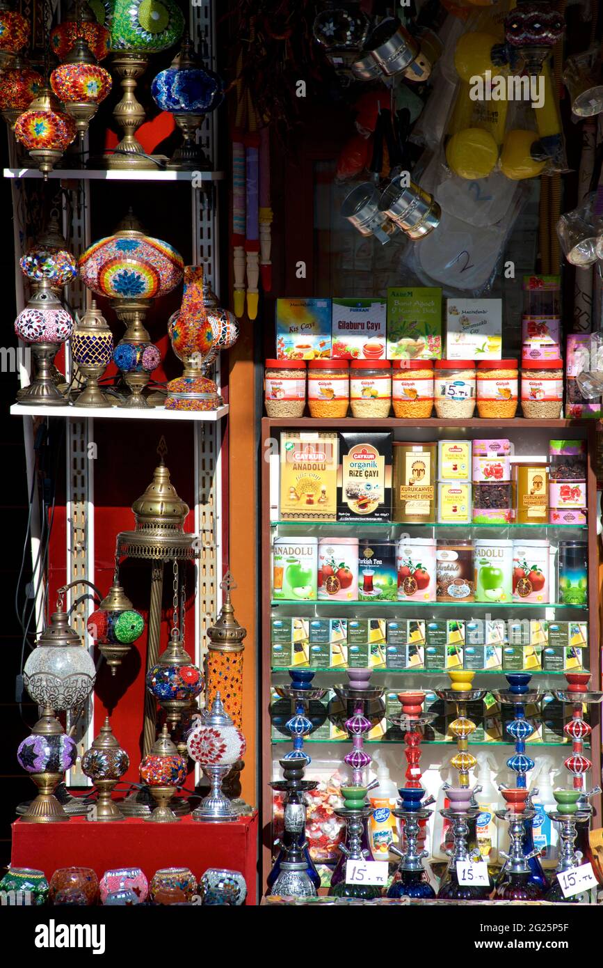 Smoking products hookah pipes, tobacco blends and lanterns in a shop