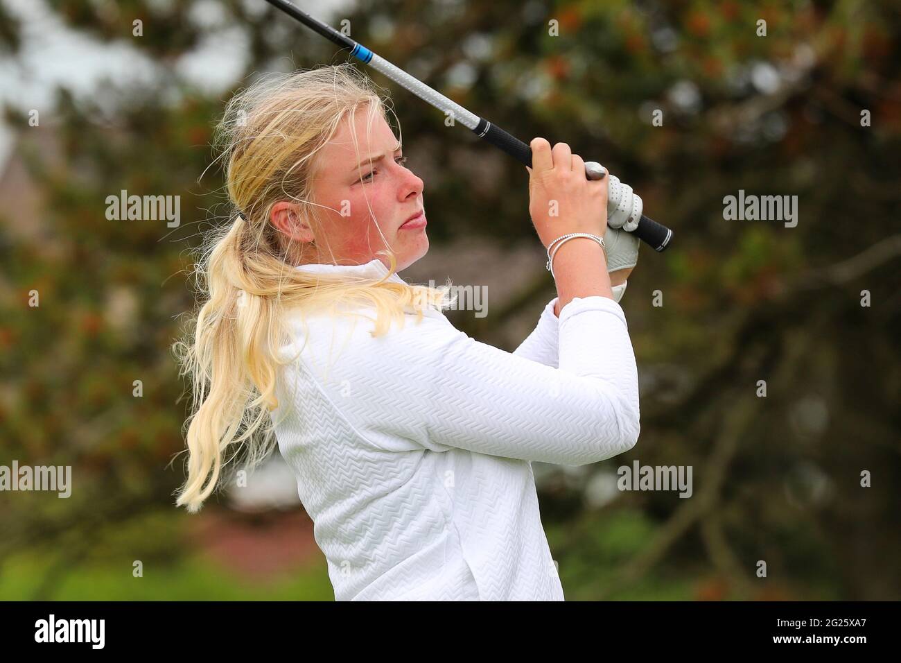 Troon, UK. 8th June, 2021. CAITLIN WHITEHEAD aged 18 years from Kendal, England and a member of the England Golf Squad, playing in the Womens Amateur Golf Championship at Barassie Links, Troon, organised by the R and A. Credit; Credit: Findlay/Alamy Live News Stock Photo